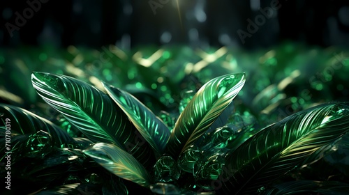 Tropical Gleam  Palm Leaves on Green Glitter Background