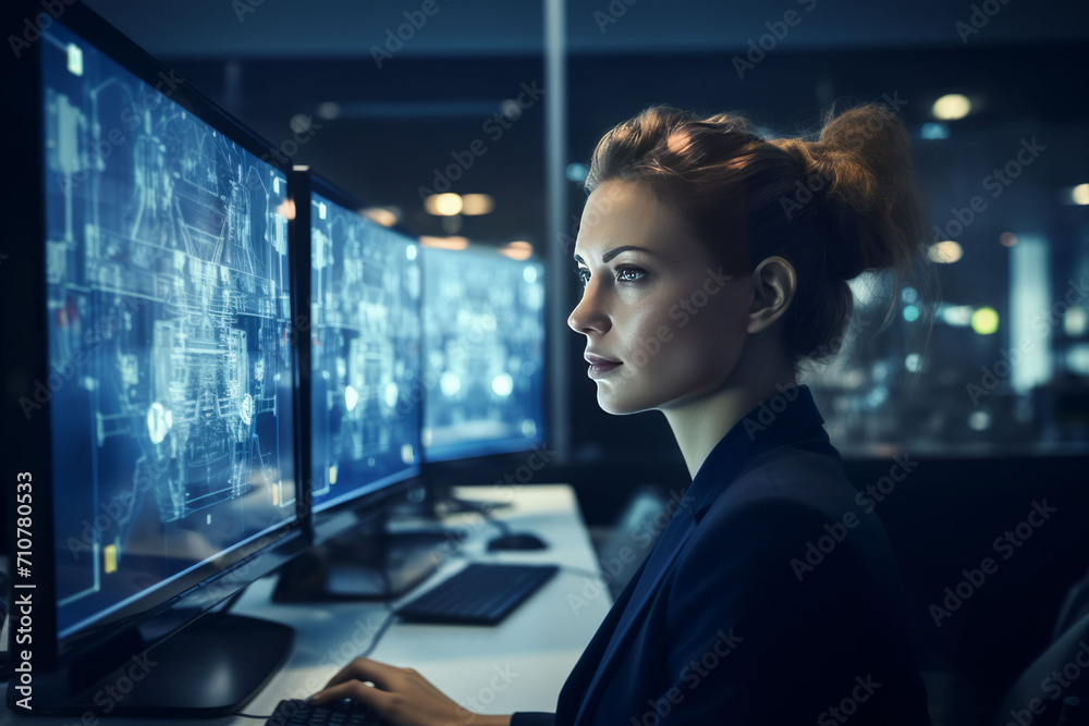 A woman works at a computer. Modern technologies in business. AI A woman works at a computer. Modern technologies in business. AI