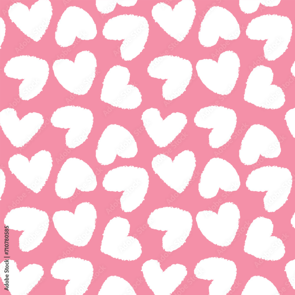 Vector white fluffy heart seamless pattern isolated on pink background. Cute modern romantic pink pattern with hand drawn repeated hearts.