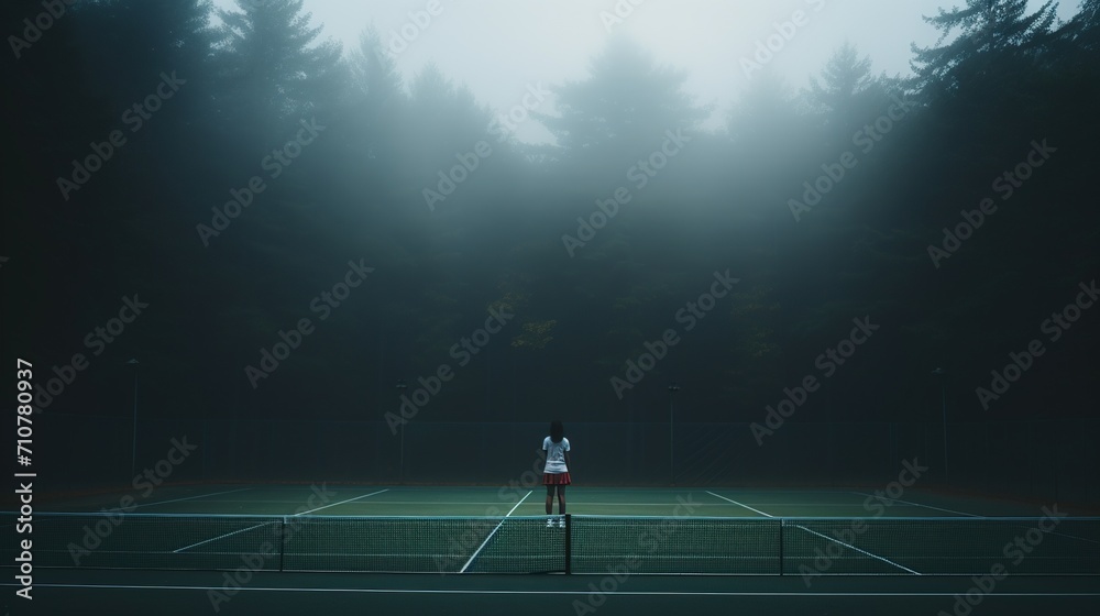 A lone tennis player stands ready on a fog-shrouded court, the surrounding trees barely visible, creating an atmosphere of focus and isolation. A lone tennis player stands ready on a fog-shrouded court, the surrounding trees barely visible, creating an atmosphere of focus and isolation.