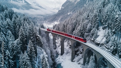 Landwasser Viaduct world heritage sight with luxury Glacier and Bernina express in Swiss Alps snow winter scenery. Aerial Drone shot train passing through famous mountain in Filisur, Switzerland photo
