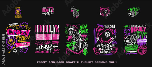 Graffiti t shirt designs set, Streetwear graphic for clothing design. Graffiti poster vector illustration, Urban t-shirt design for print