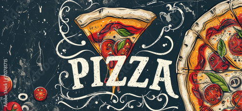 Dark backdrop, a banner featuring Pizza text accompanies a pizza slice with free copy space photo