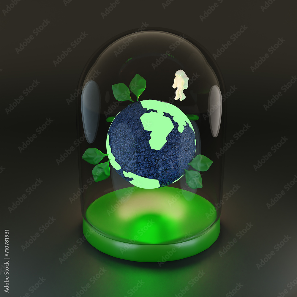 Neon Earth with astronaut. Green eco friendly and save energy concept ...