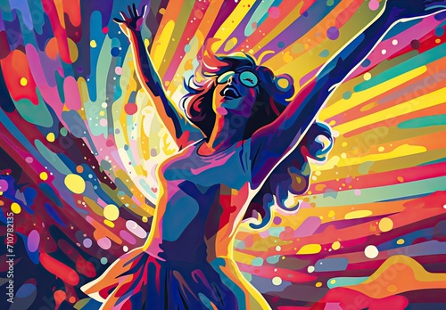 A girl dances dynamically in a club in the style of a painted picture. Digital art. Illustration for cover, card, interior design, banner, poster, brochure or presentation.
