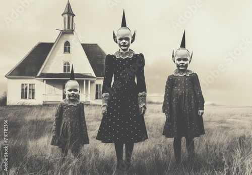 An imitation of a Victorian style photograph. A photograph showing the sisters in elf costumes. Halloween masquerade images. Digital art. Illustration for cover, card, postcard, interior design, decor photo