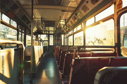 Bus interior without people in a sunny day. AI generative
