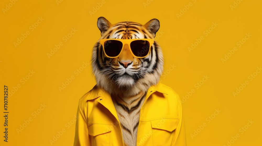 Close-up of a tiger wearing glasses. Portrait of a tiger. Anthopomorphic creature. A fictional character for advertising and marketing. Humorous character for graphic design. - obrazy, fototapety, plakaty 