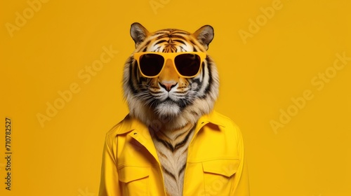 Close-up of a tiger wearing glasses. Portrait of a tiger. Anthopomorphic creature. A fictional character for advertising and marketing. Humorous character for graphic design. photo