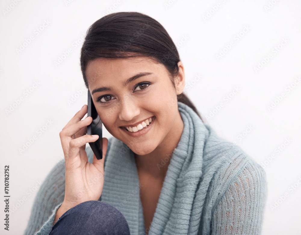 Young woman, phone call and communication in portrait with smile at home, conversation and happy for technology and connectivity. Contact, smartphone and connection, discussion and network for talk Young woman, phone call and communication in portrait with smile at home, conversation and happy for technology and connectivity. Contact, smartphone and connection, discussion and network for talk