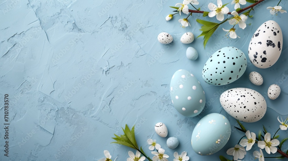 Easter eggs with flowers on blue background. Happy Easter concept. Easter eggs with flowers on blue background. Happy Easter concept.