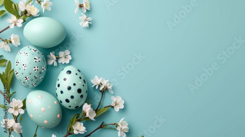 Easter eggs with flowers on blue background. Happy Easter concept.
