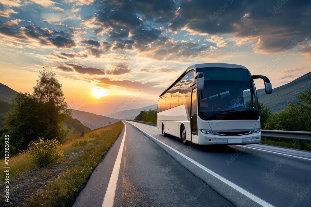 White travel bus on a beautiful highway. AI generated