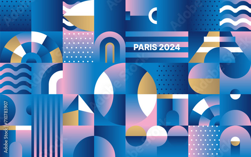 Sports background for event, tournament or invitation. Layout design template with geometric shapes. Summer Championship in Paris. Sports trend 2024.
