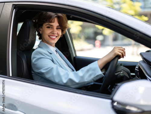 a happy stylish short-haired woman in light blue suit is driving white car. Portrait of happy female driver steering car with safety belt. © Svetlana