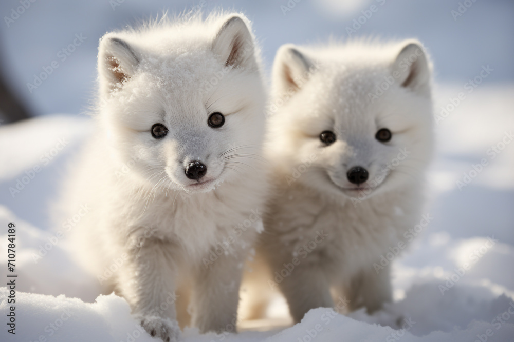 Obraz premium Close-Up of Arctic fox pups playing in the snow