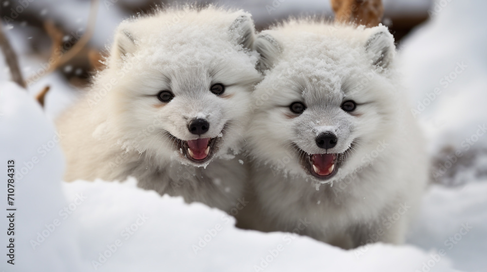 Fototapeta premium Close-Up of Arctic fox pups playing in the snow