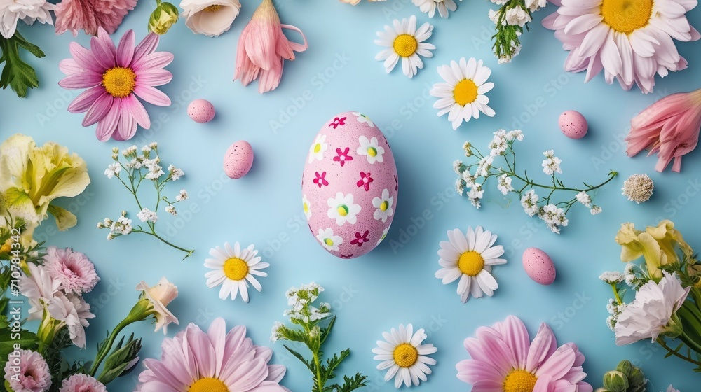 Easter eggs with flowers on blue background. Happy Easter concept.