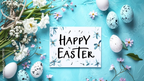 Happy easter banner background. Easter flowers with eggs