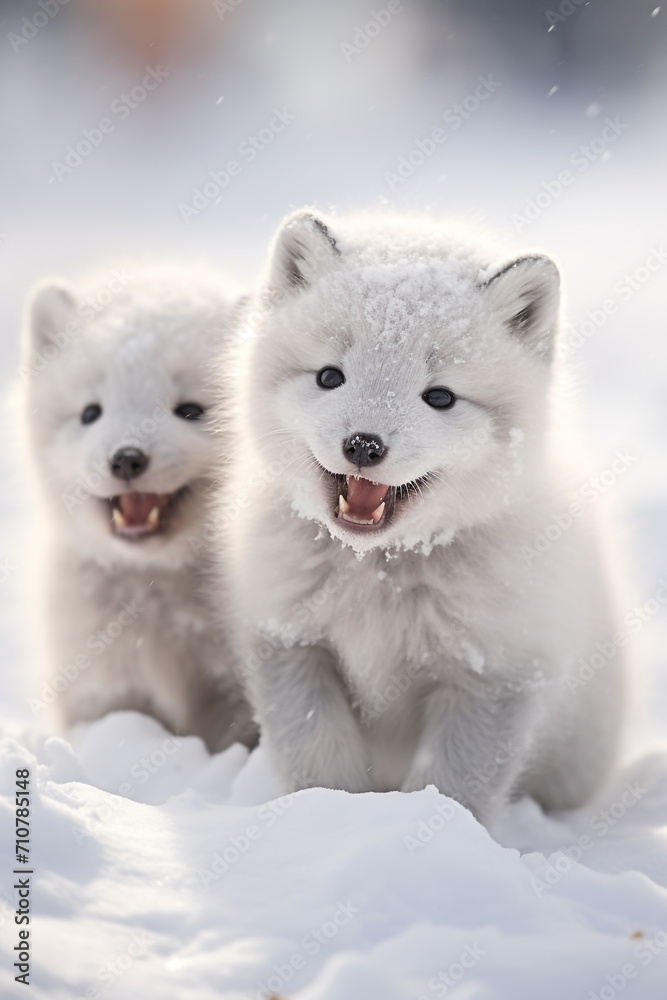 Close-Up of Arctic fox pups playing in the snow