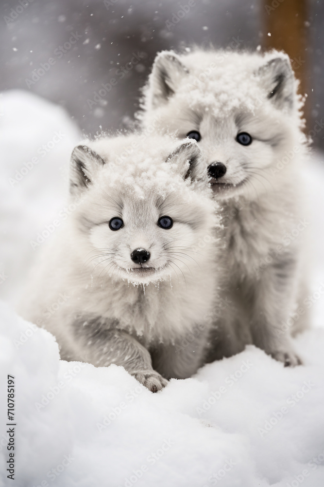 Close-Up of Arctic fox pups playing in the snow Close-Up of Arctic fox pups playing in the snow