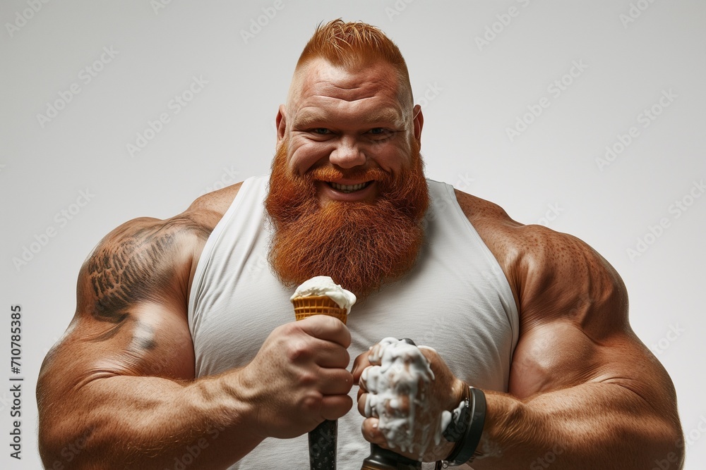A chubby bodybuilder with massive arms, smiling with a ice cream, white