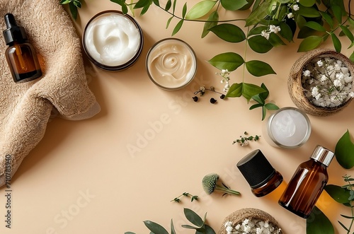Wallpaper Mural Skincare products on beige background, top view. Natural organic beauty product concept. Torontodigital.ca