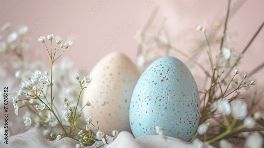 Happy easter banner background. Easter eggs with flowers