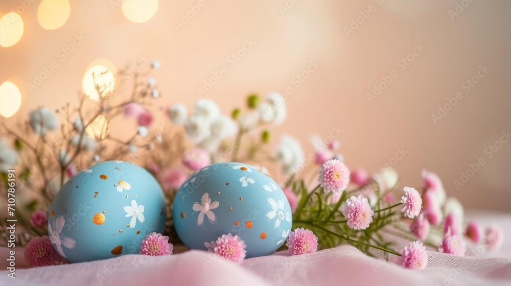 Happy easter banner background. Easter eggs with flowers