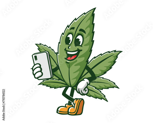 Cannabis Weed Marijuana with gadget cartoon mascot illustration character vector clip art hand drawn
