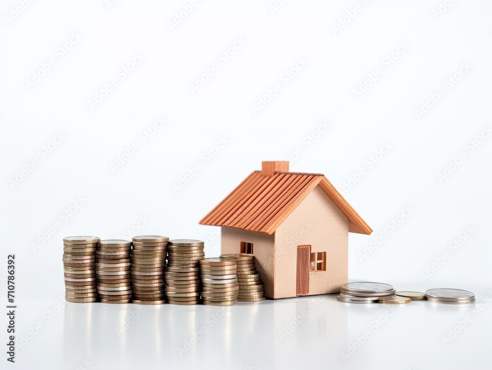 pile of coins and house model on the table. Financial safety and investment concept. pile of coins and house model on the table. Financial safety and investment concept.