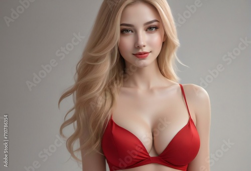 Portrait of a beautiful young blonde woman in red bra on gray background