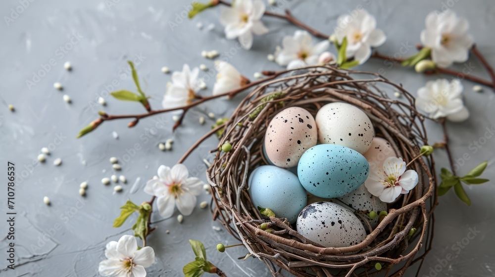 Fototapeta premium Happy easter banner background. Easter nest with eggs