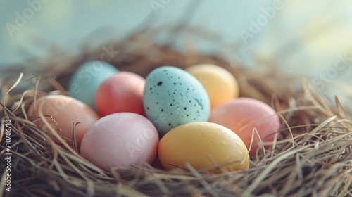 Happy easter banner background. Easter nest with eggs