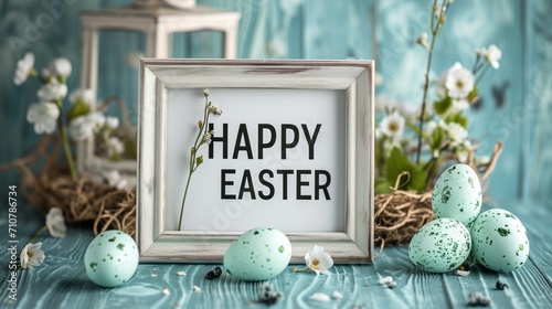 Happy easter banner background. Easter eggs with flowers