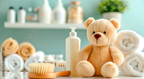 A toy bear, a stack of towels and baby supplies on a changing table. Side view, space for text. photo