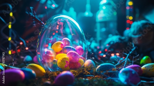 Happy easter background. Neon Easter bunny © Alexander Kurilchik