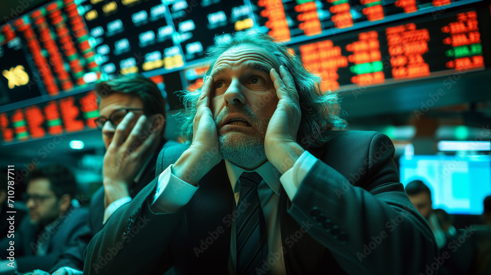 Fototapeta premium Panic, red charts and plummeting prices on the stock exchanges - Generative AI