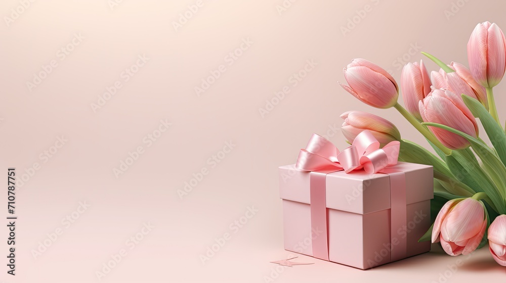 a gift box with a long pink ribbon surrounded by tulips on a light background, capturing a minimalist modern style. a gift box with a long pink ribbon surrounded by tulips on a light background, capturing a minimalist modern style.