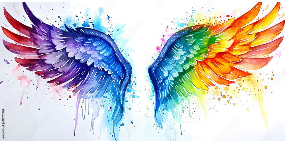 Rainbow magic watercolor angel wings isolated on white background Stock ...