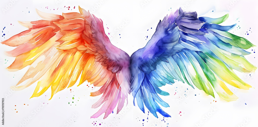 Rainbow magic watercolor angel wings isolated on white background