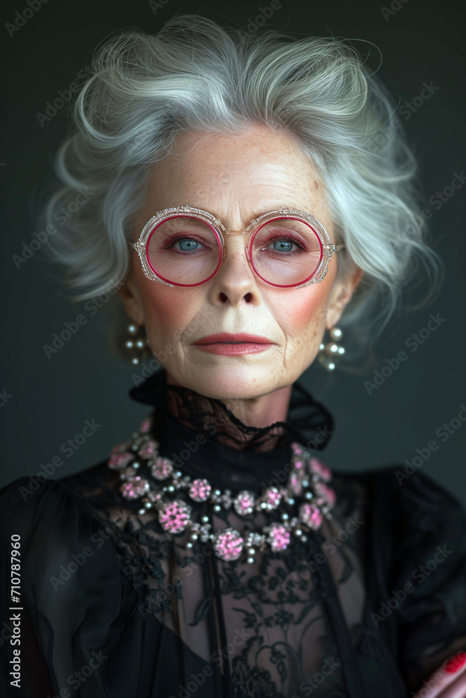 Portrait of an elderly priviliged, wealthy and affluent woman in a black dress, diamond necklace and pink glasses - Generative AI