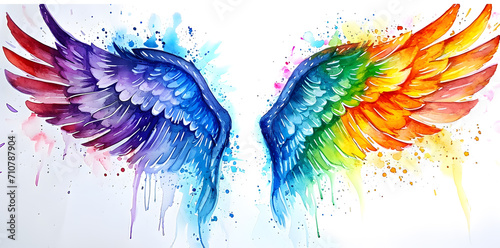 Rainbow magic watercolor angel wings isolated on white background