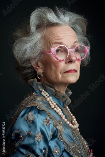 Portrait of an elderly priviliged, wealthy and affluent woman in a black dress, diamond necklace and pink glasses - Generative AI photo