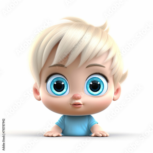 Cute baby with big blue eyes, realistic 3D rendering