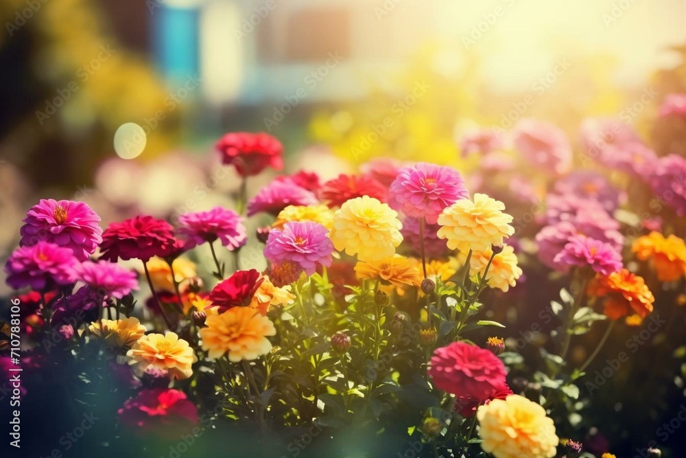 Cluster of colorful flowers on sunny backdrop. Generative AI