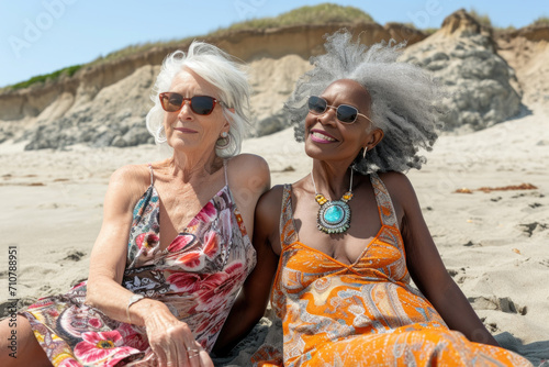 Two elderly women with sunglasses enjoying the summer at the beach 