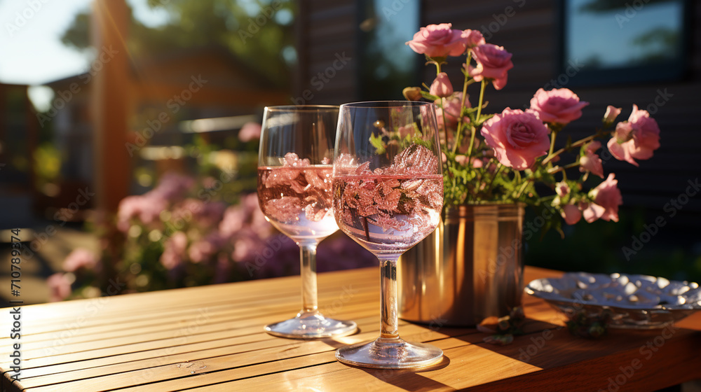Rose wine tasting, glass of rose wine poured from bottle outdoors in garden party in vineyard, ripe grapes on wooden table, sunlight, harvest time, copy space