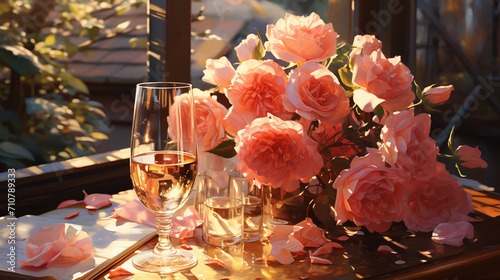 Rose wine tasting, glass of rose wine poured from bottle outdoors in garden party in vineyard, ripe grapes on wooden table, sunlight, harvest time, copy space photo