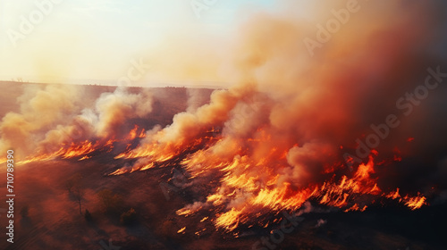 Dry grass burns on meadow in countryside at sunset. Wild fire burning dry grass in field. Orange flames and billowing smoke. Open fire.